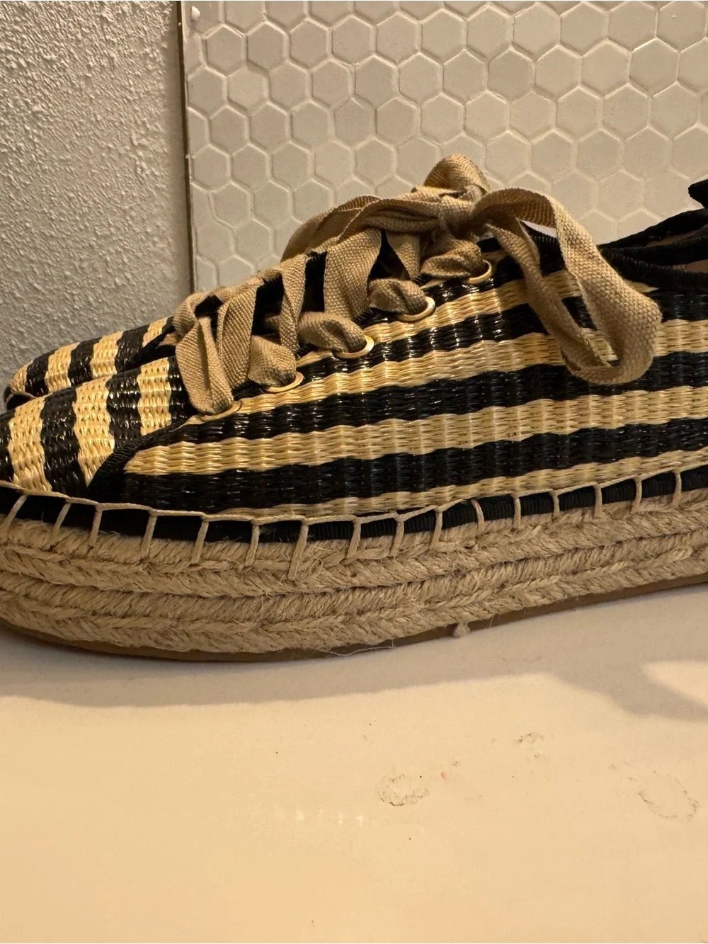 Sam Edelman Black & Natural Striped Platform Espadrille Sneaker